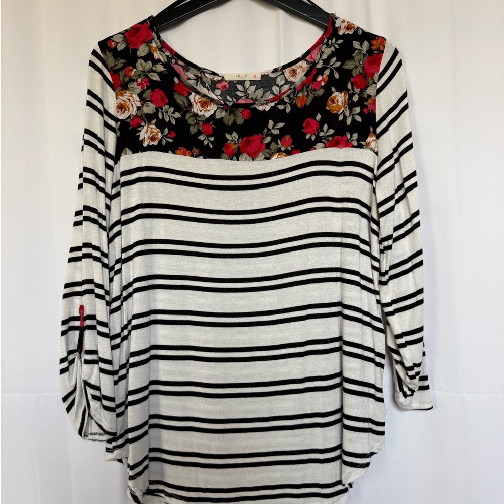 Le Lis Black & White Striped Top with Red Floral Yoke